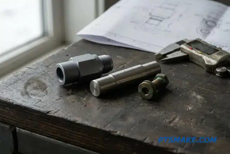 A collection of small, intricate components made from aluminum, steel, and brass using precision Swiss machining, displayed on a workbench.