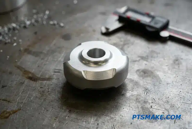Primer plano de un componente de extremidad robótica de aluminio mecanizado, destacando el asiento de rodamiento de precisión.