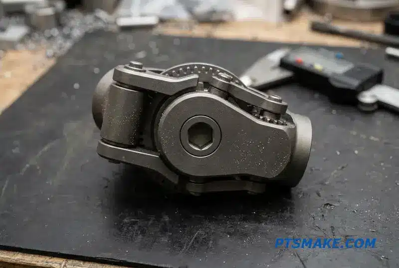 Un componente de extremidad robótica humanoide de titanio mecanizado con precisión con un encaje hexagonal interno, descansando en una mesa de taller.