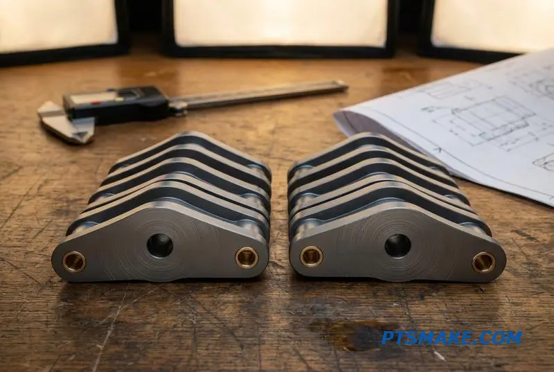 Una colección de conectores de extremidades robóticas diseñados con precisión en una mesa de inspección, listos para el montaje.