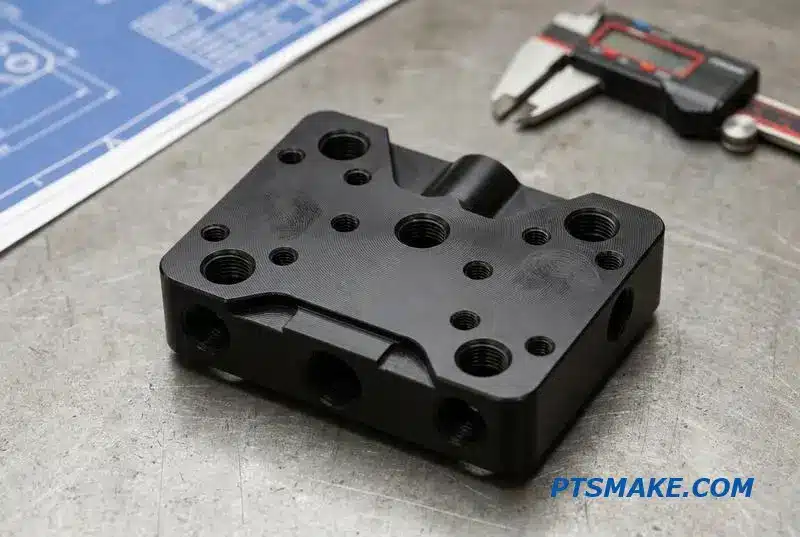 A custom machined aluminum water cooling distribution manifold for a data center on a workbench.