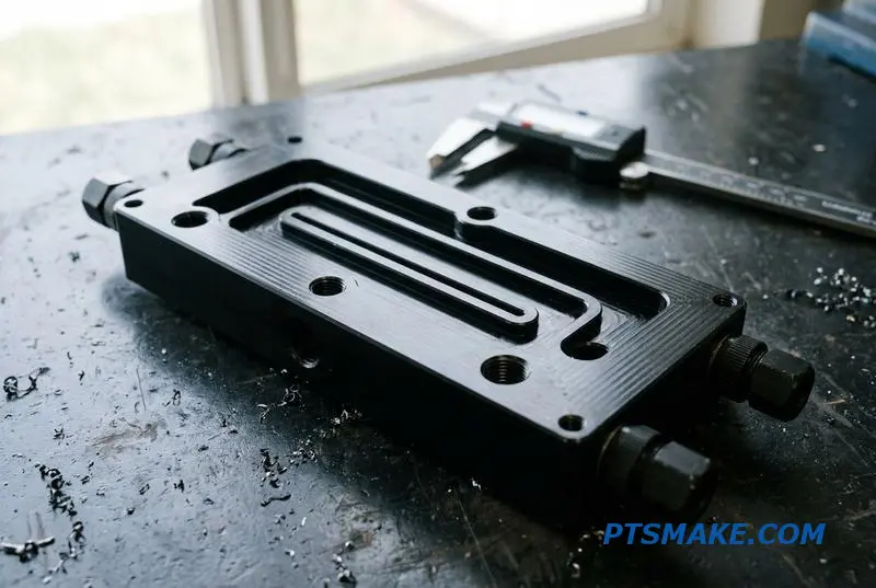 A detailed industrial photo of a machined aluminum fluid distribution block used in a data center liquid cooling system.