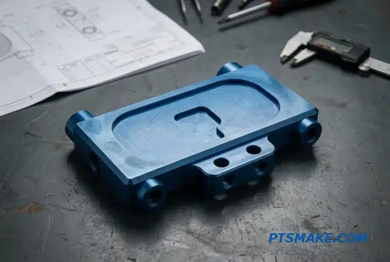 A close-up image of a precision CNC-machined fluid distribution manifold made of blue aluminum, used for data center cooling systems.