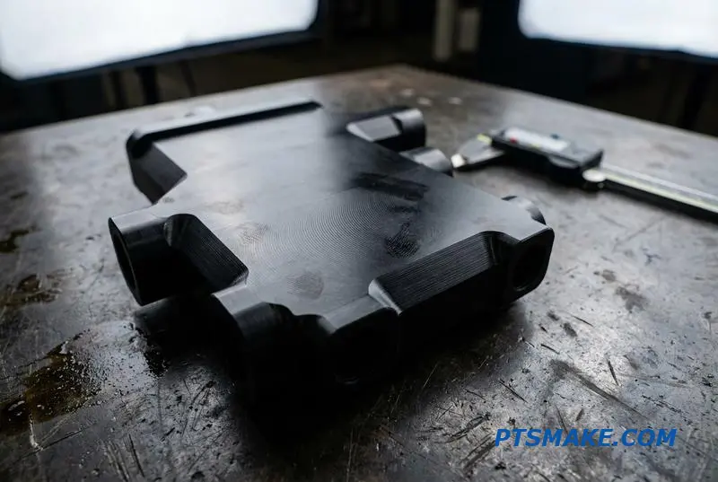 A close-up of a black, precision-machined fluid distribution block for a high-density computing system.