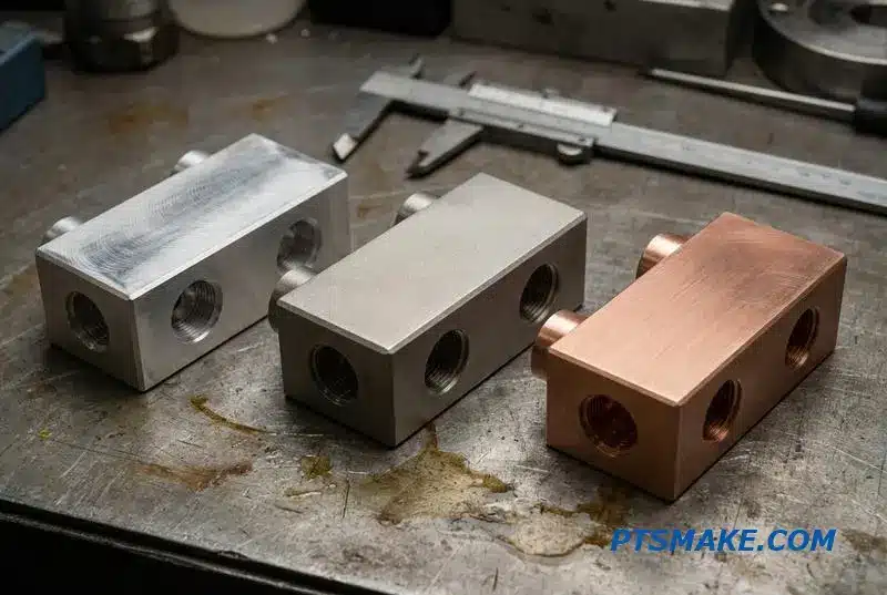 A stainless steel, an aluminum, and a copper fluid manifold on an industrial workbench.