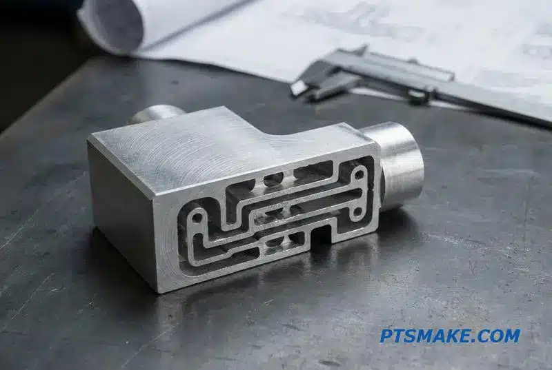 A close-up view of a precision metal cooling block cut open to display the intricate internal fluid channels for a liquid cooling system.