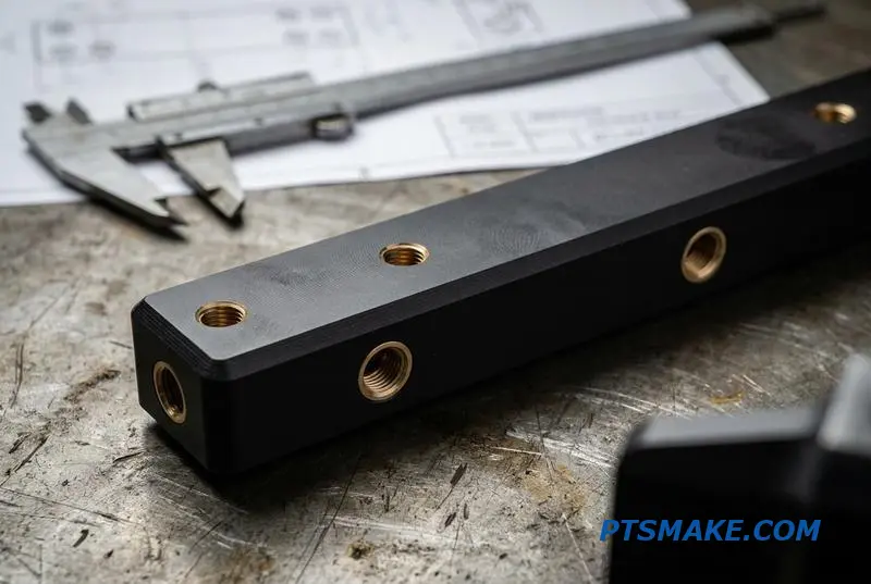 A detailed close-up of a precision-machined server cooling component, showcasing its threaded ports on a workshop bench.