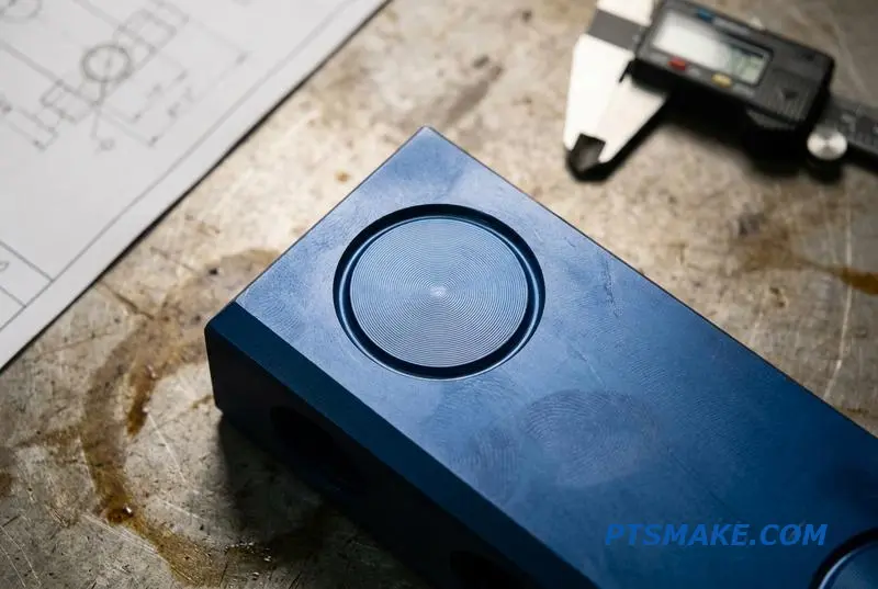 Close-up of a blue aluminum fluidic manifold with a precision O-ring groove for sealing applications.