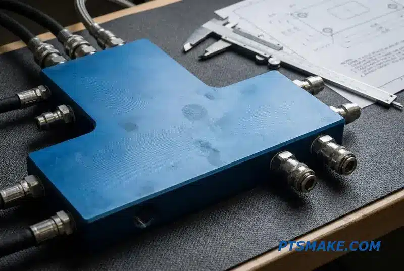 A close-up of a blue machined aluminum coolant distribution block, a key component in custom liquid cooling systems, on a workbench.