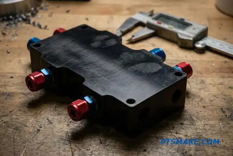 A black anodized aluminum liquid cooling block for data center hot-swap systems with red and blue ports.