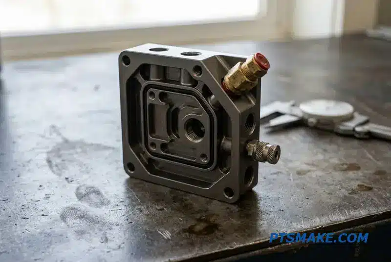 A close-up of a machined aluminum coolant distribution block with integrated pressure relief and air bleed safety valves for a high-performance liquid cooling system.