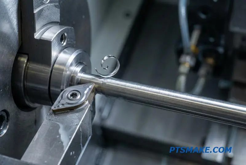 Close-up of a Swiss turning center creating a precise surface finish on a slender metal component.