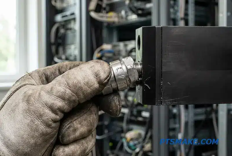 A close-up image showing a strained, misaligned connection on a data center fluid cooling manifold.