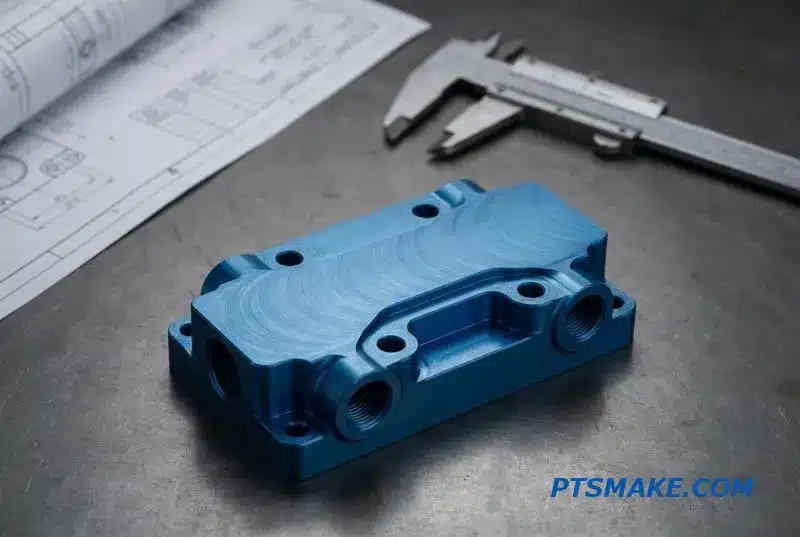 A close-up of a CNC machined fluid distribution block with a blue anodized finish, showing complex milling paths on a workshop table.