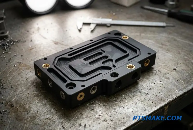 A close-up of a precision CNC machined liquid cooling block with multiple ports, designed for server rack leak testing.