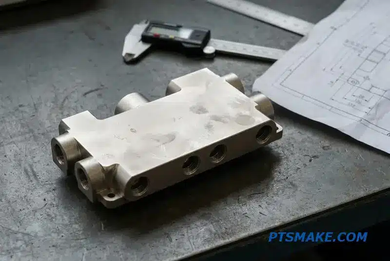 A close-up of a precision machined liquid cooling block with a satin nickel surface finish, demonstrating a conductive coating for aluminum components.