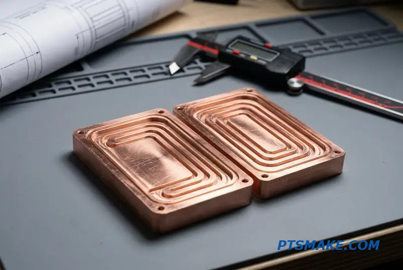 A detailed image of a precision-milled copper heat exchanger for direct-to-chip cooling, showcasing the complex internal channels of the thermal management plate.