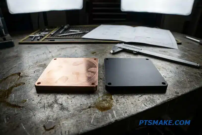 A close-up comparison photo of a copper thermal block and a black aluminum liquid cooling plate on an industrial workbench to show material differences.