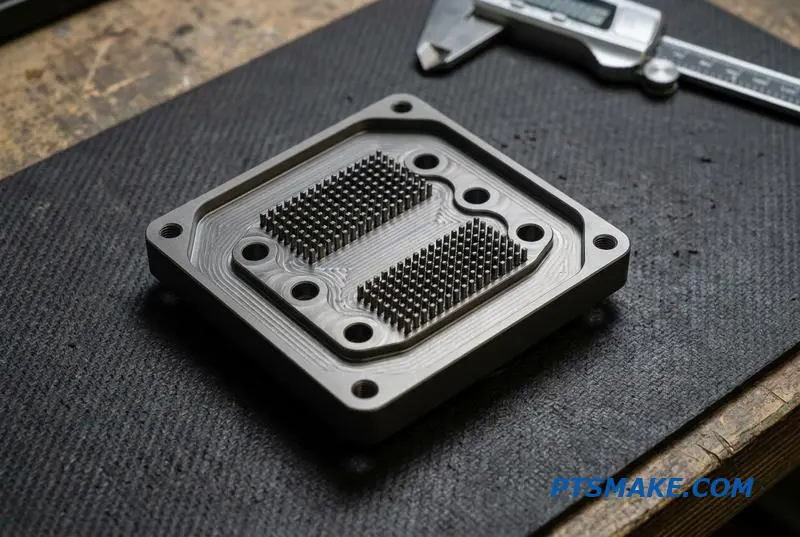 Detailed macro shot of an open aluminum heatsink revealing the internal pin fin cooling channels.