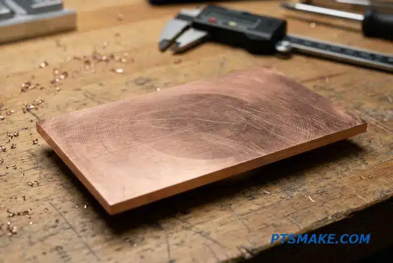 Close-up of a precision-machined copper thermal cooling plate for electronics, demonstrating superior surface flatness on a workbench.