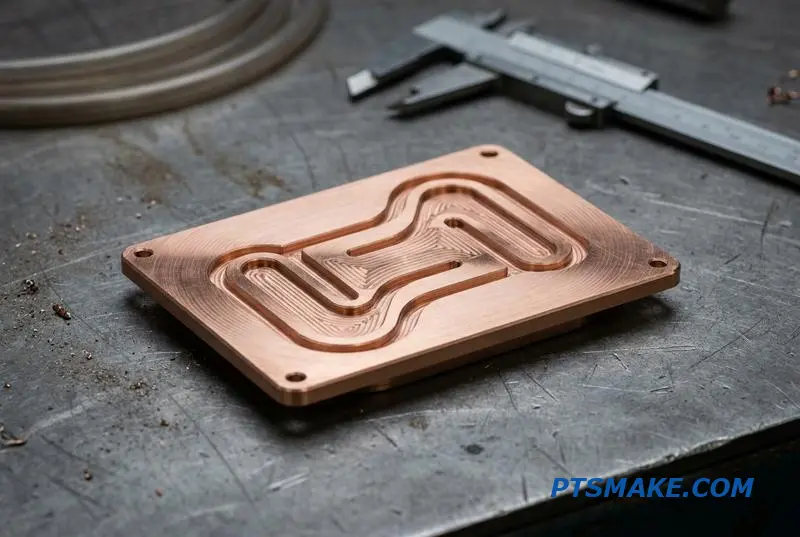 A detailed close-up of a CNC milled copper thermal management plate for liquid cooling systems.