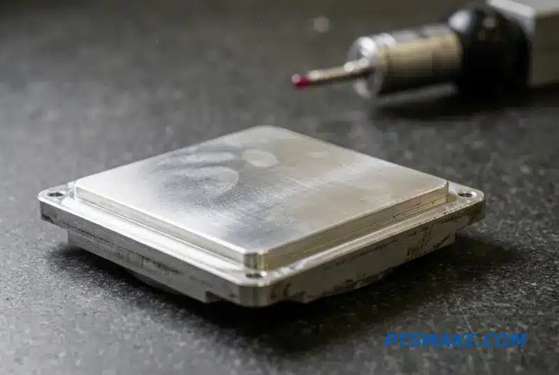 A close-up of a high-performance liquid heat sink, focusing on its flat machined surface.