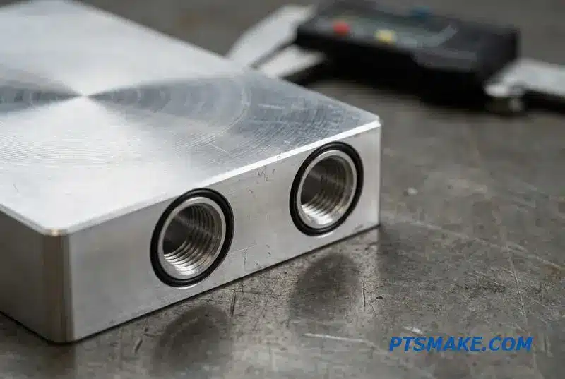 Detailed macro view of threaded fluid ports on a metal thermal management heat sink for liquid cooling systems, showing precision engineering.
