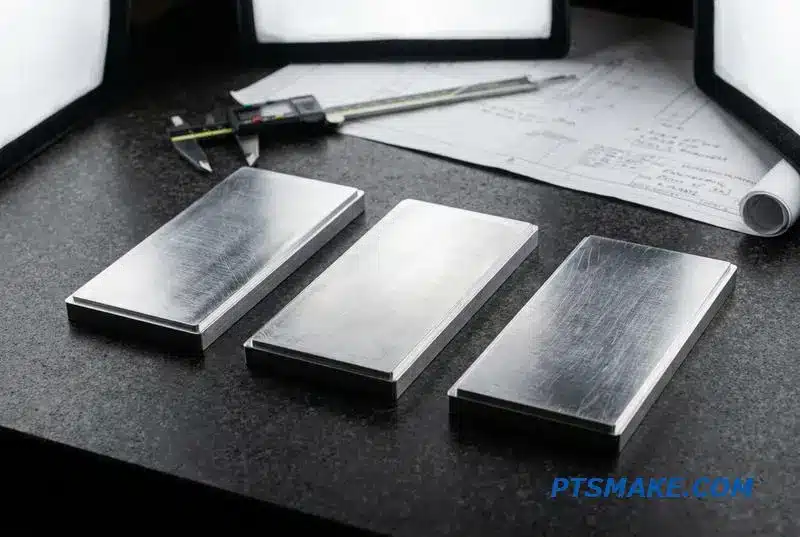 An array of identical machined aluminum liquid coolers on a work surface, showcasing scalable manufacturing for thermal management solutions.