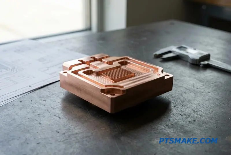 A close-up of a copper thermal management component, a liquid cooling plate, on an inspection bench with technical drawings.