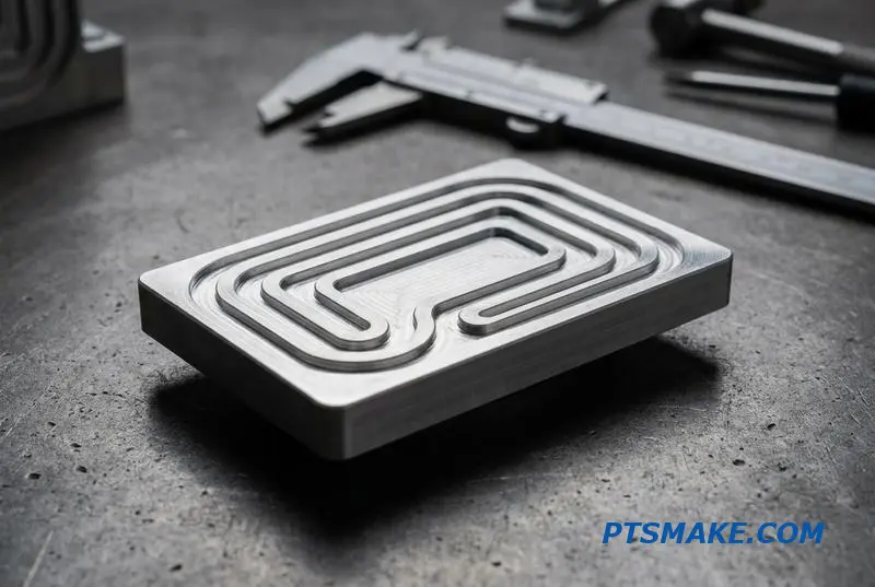 A detailed thermal management plate made of machined aluminum, showing its liquid channels on a workshop surface.
