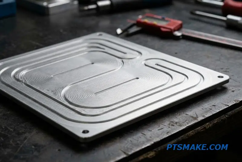 A precision-machined liquid cooling heat sink made of aluminum, showing intricate channels on an inspection table.
