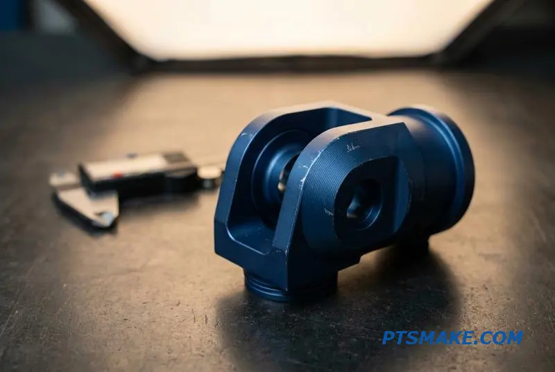 A precisely machined aluminum component for a robot, highlighting the quality of subtractive manufacturing processes.