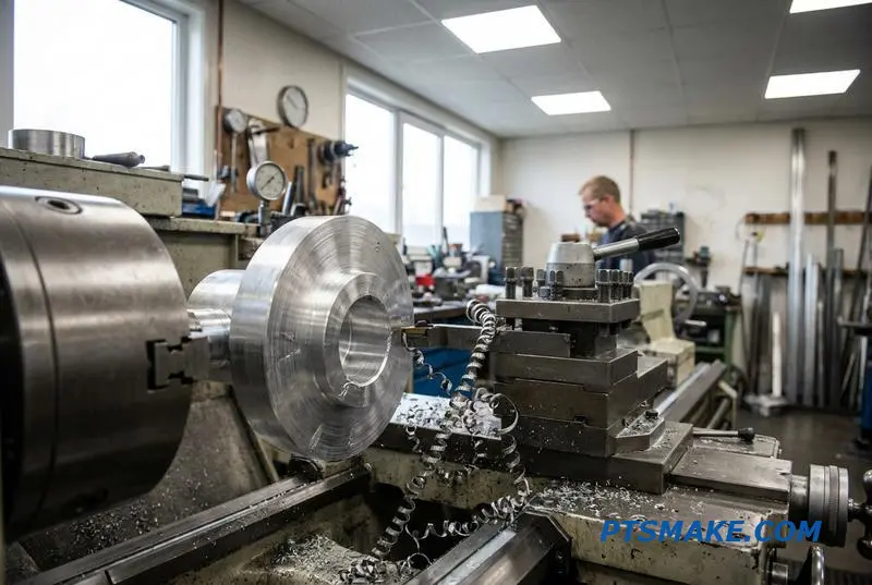 A close-up of a conventional lathe, a suitable alternative to Swiss-style CNC turning for large parts, machining a wide aluminum flange in a workshop.
