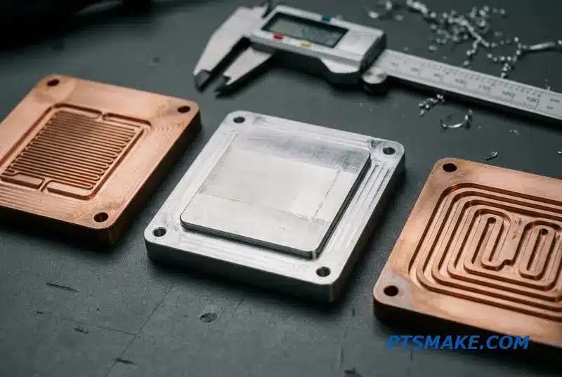 Three precision-machined thermal management plates, including aluminum and copper cooling components, on a workbench.