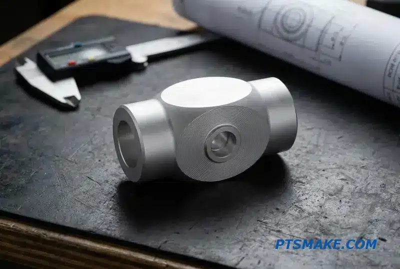 A detailed photo of a precision-machined robotic component, an example of high-quality Swiss-style CNC manufacturing output.