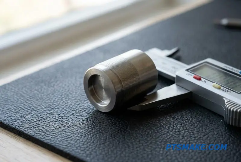 A precise, swiss-machined stainless steel component lies beside a caliper on a workbench, illustrating design for manufacturing.