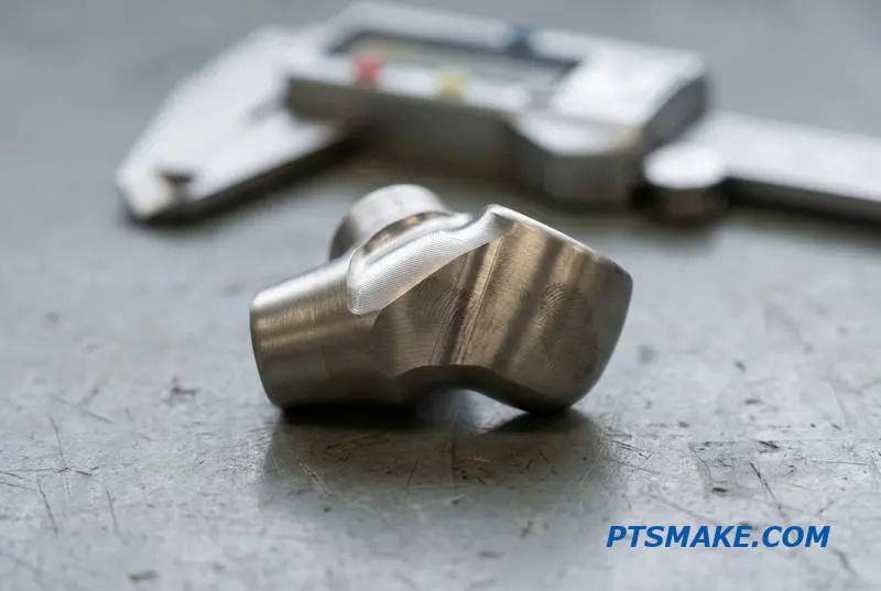 A close-up of a complex Swiss-machined titanium medical implant component on a workshop bench.