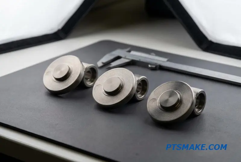 Three intricate metal prototypes from a swiss turning center arranged for inspection with calipers nearby.