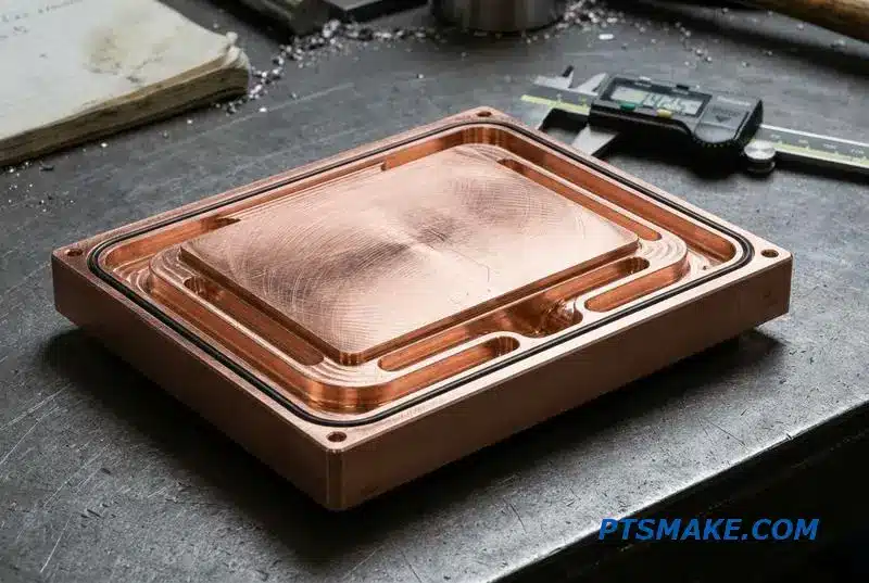 Precision CNC milling of a copper cold plate for liquid cooling systems in high-power electronics.