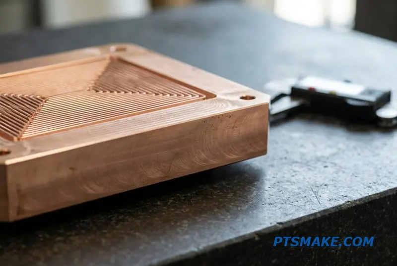 A close-up of a precision CNC milled copper water block, showcasing the detailed microchannels for efficient liquid cooling.