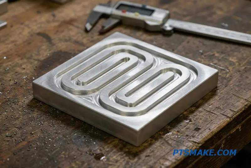 A precision machined aluminum cold plate with complex internal flow channels, an example of custom CNC machining capabilities.