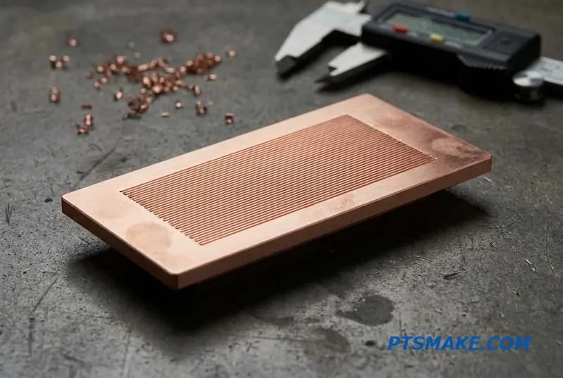 A close-up of a precision copper microchannel cold plate, showcasing the capabilities of custom CNC milling services for thermal management.
