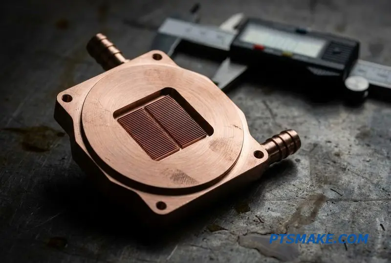 A close-up of a precision-machined copper water block, a component made with expert CNC manufacturing for advanced thermal management.