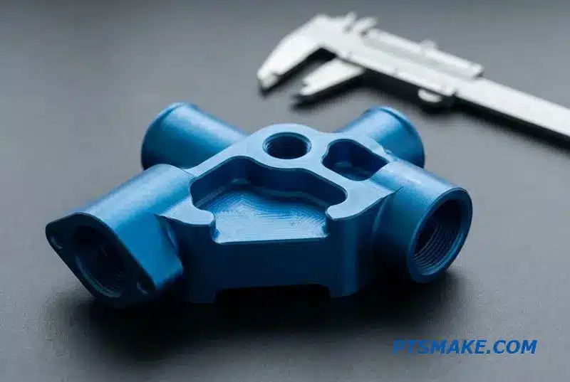 A precision CNC machined blue aluminum manifold for a liquid cooling system, demonstrating expert metal fabrication services.