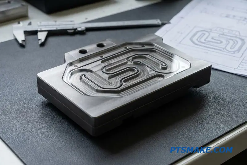A detailed view of a liquid cooling block, highlighting the quality of precision CNC machining services.