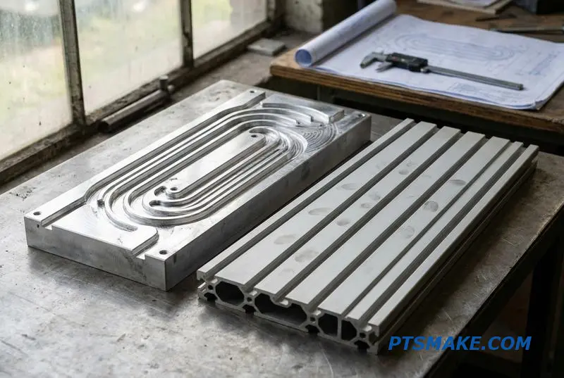 Comparison of two cold plates, one from precision CNC fabrication and one extruded, showcasing different cooling channels.