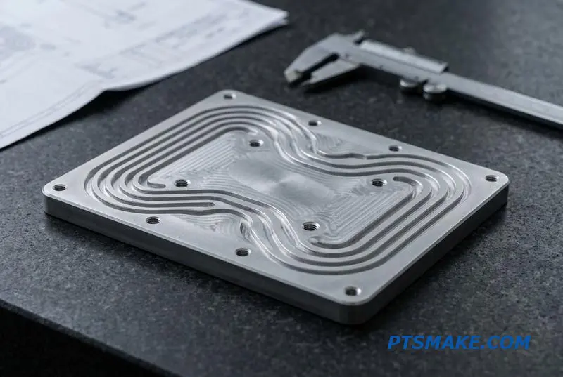 A precise aluminum cold plate from a CNC milling service, displayed on a granite measurement table.
