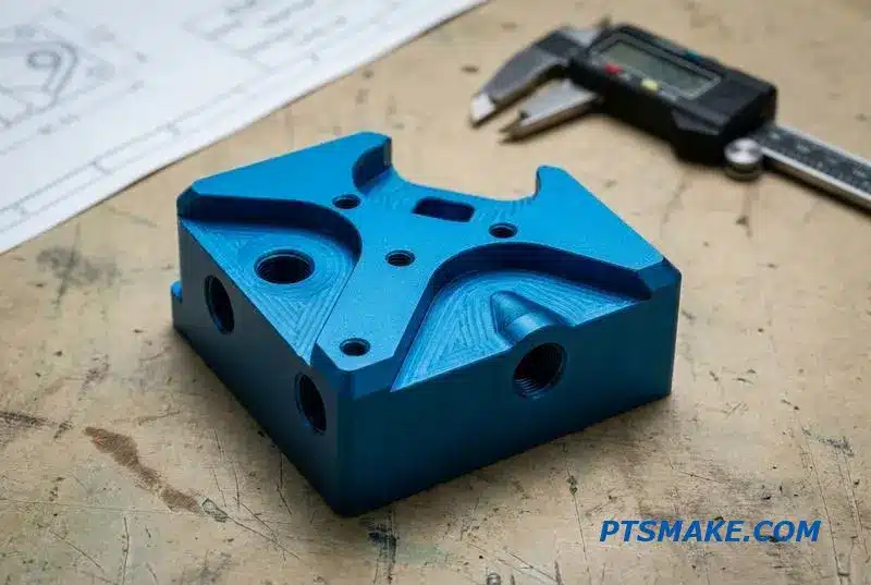 A complex liquid cooling component created with precision CNC manufacturing services, resting on a workbench.