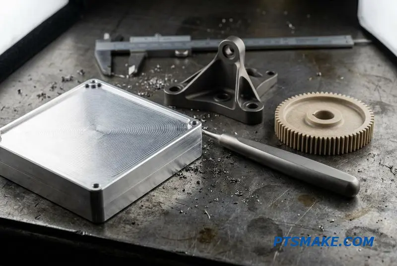 A collection of precision engineered components in aluminum, steel, titanium, and PEEK for industrial manufacturing.