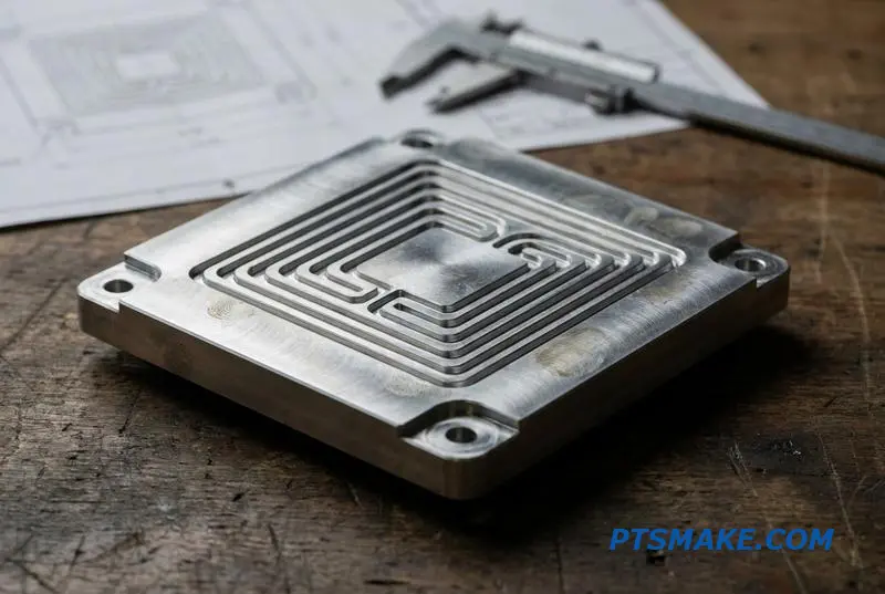 A detailed view of a custom aluminum cold plate, an example of precision CNC manufacturing for liquid cooling systems.